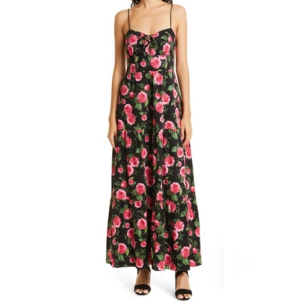 Alice + Olivia Black Floral Midi Dress with Pink Roses